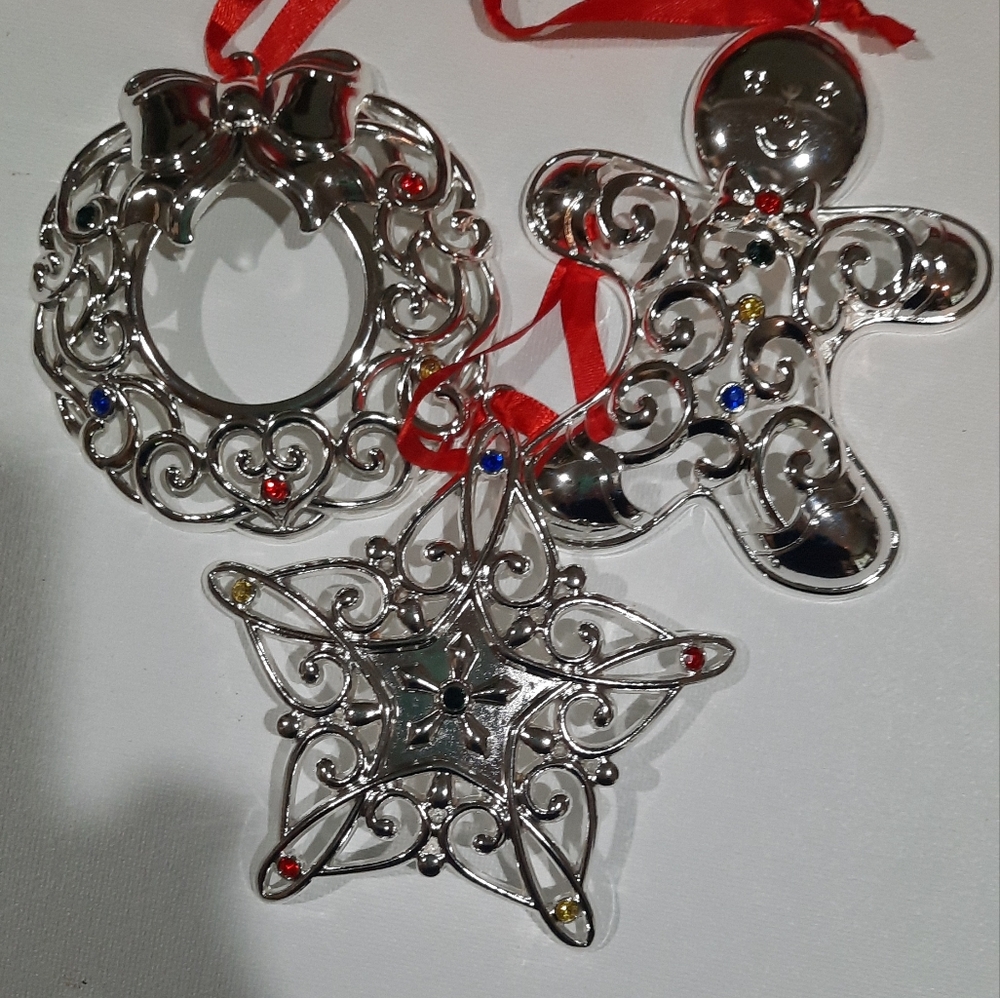 Lenox Silver Holiday Ornaments with Red Accents